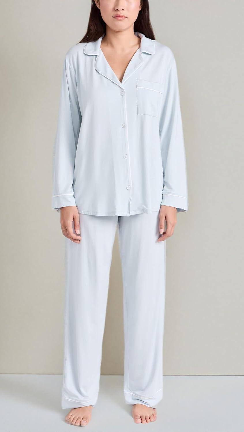imageEberjey Gisele Classic Womens Pajama Set Long Sleeve Shirt Long PantsIce Blue Ivory