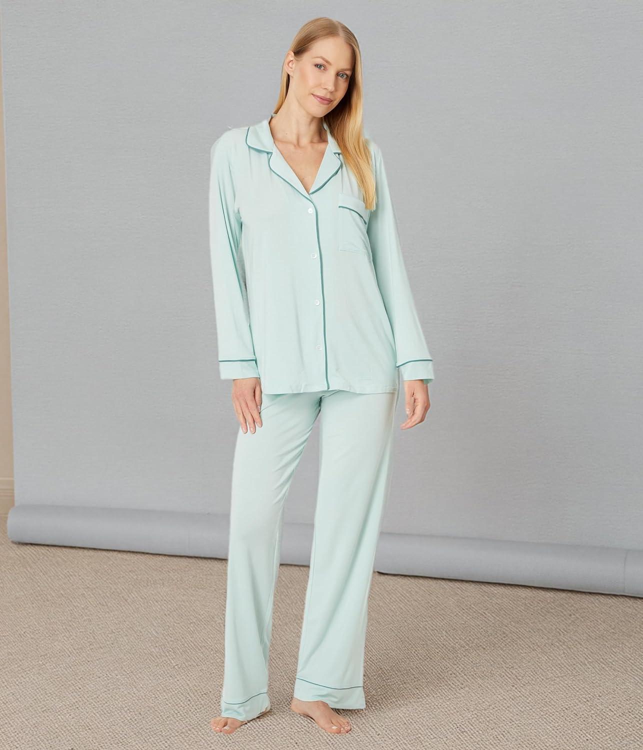 imageEberjey Gisele Classic Womens Pajama Set Long Sleeve Shirt Long PantsSurf SprayAgave