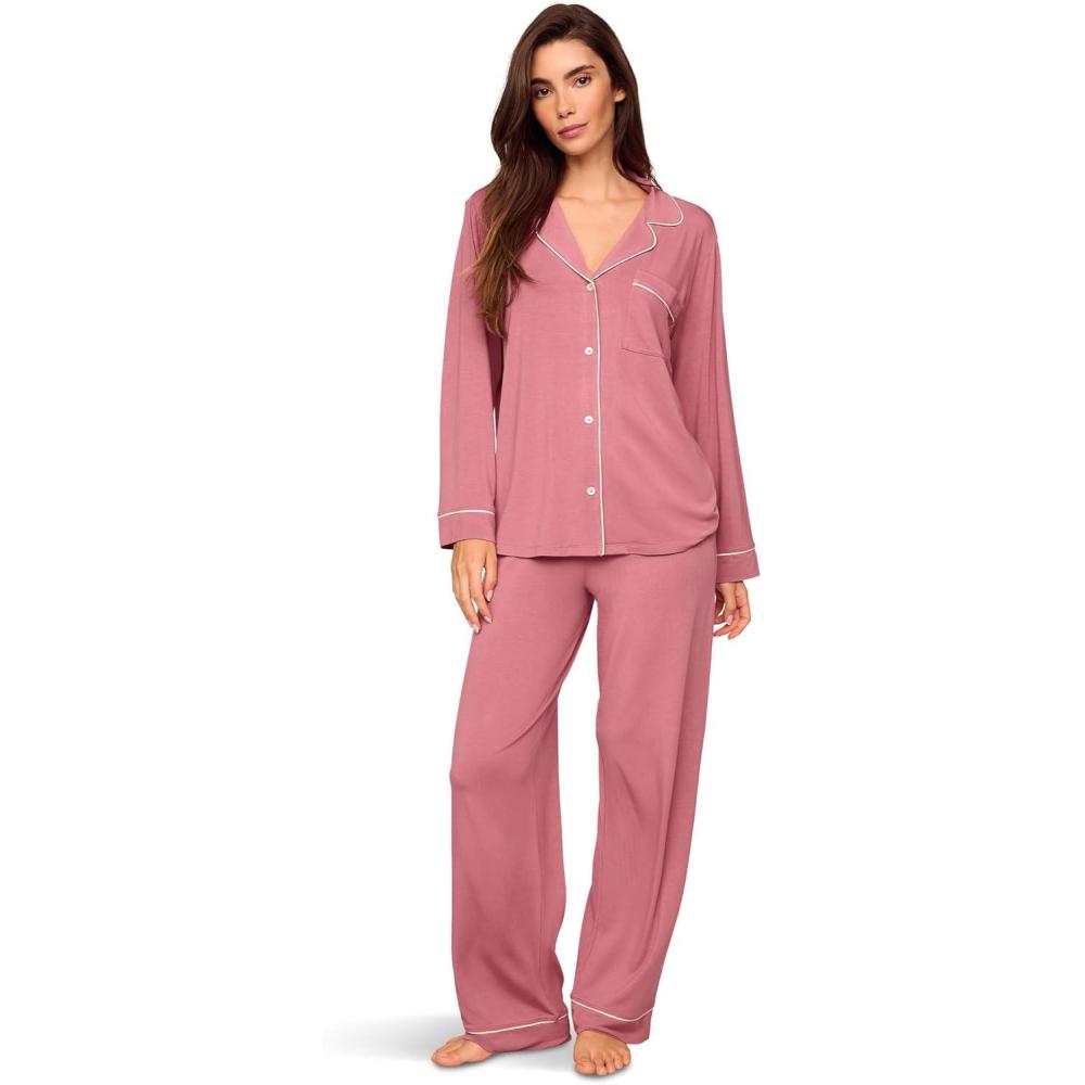 imageEberjey Gisele Classic Womens Pajama Set Long Sleeve Shirt Long PantsBerry BlushIvory