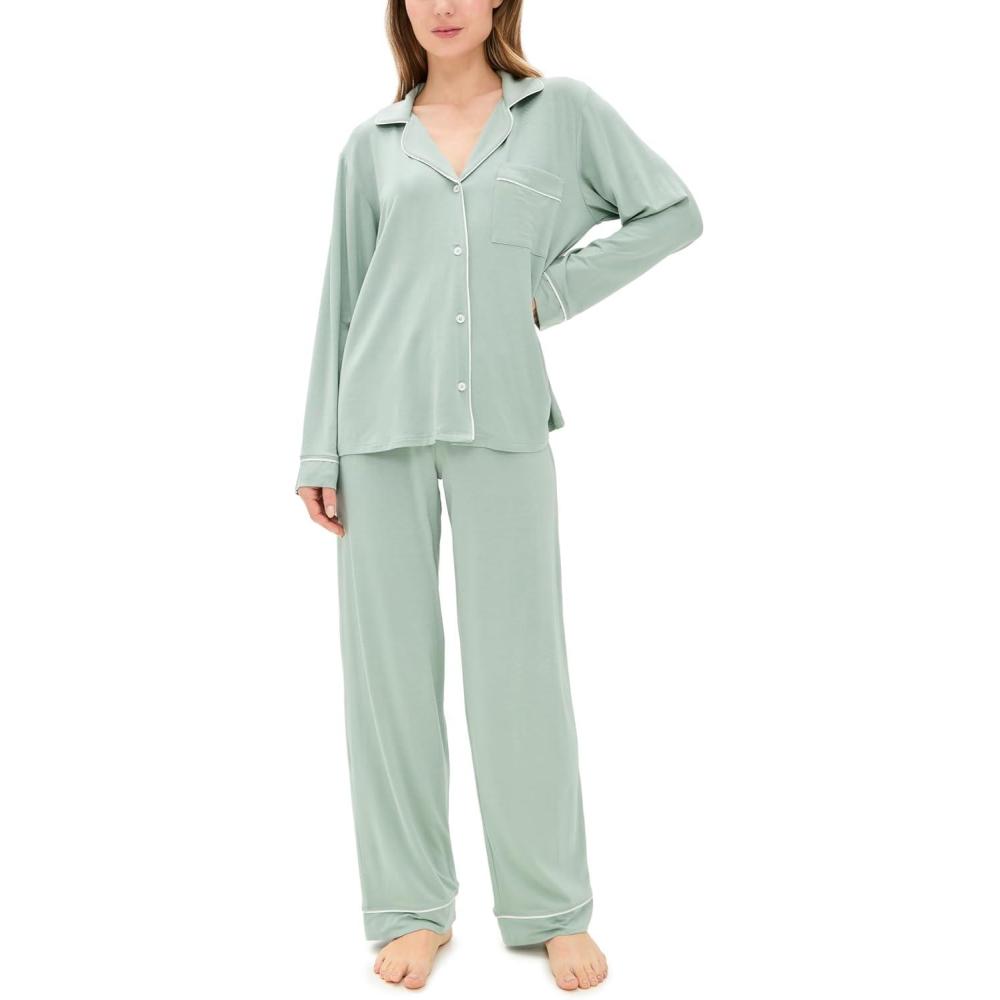 imageEberjey Gisele Classic Womens Pajama Set Long Sleeve Shirt Long PantsEucalyptusIvory
