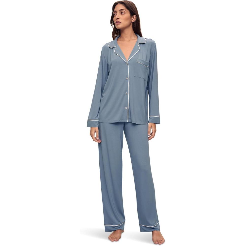 imageEberjey Gisele Classic Womens Pajama Set Long Sleeve Shirt Long PantsFaded DenimIvory