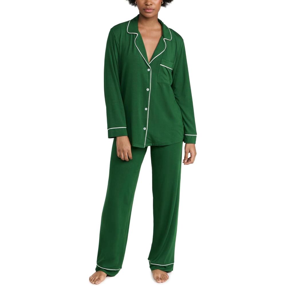 imageEberjey Gisele Classic Womens Pajama Set  Long Sleeve Shirt  Long PantsForest GreenIvory