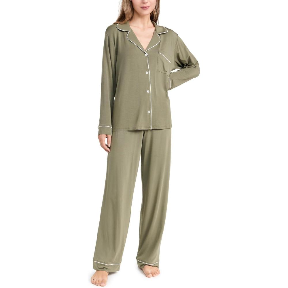 imageEberjey Gisele Classic Womens Pajama Set Long Sleeve Shirt Long PantsMossIvory