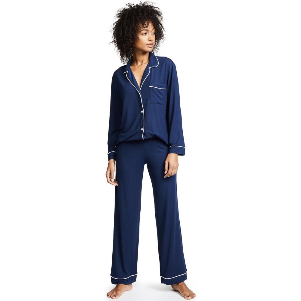 imageEberjey Gisele Classic Womens Pajama Set  Long Sleeve Shirt  Long PantsNavyIvory