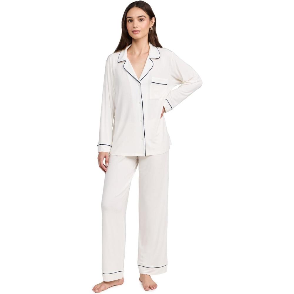 imageEberjey Gisele Classic Womens Pajama Set  Long Sleeve Shirt  Long PantsPure IvoryNavy