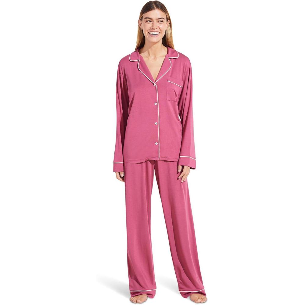 imageEberjey Gisele Classic Womens Pajama Set Long Sleeve Shirt Long PantsRaspberryIvory