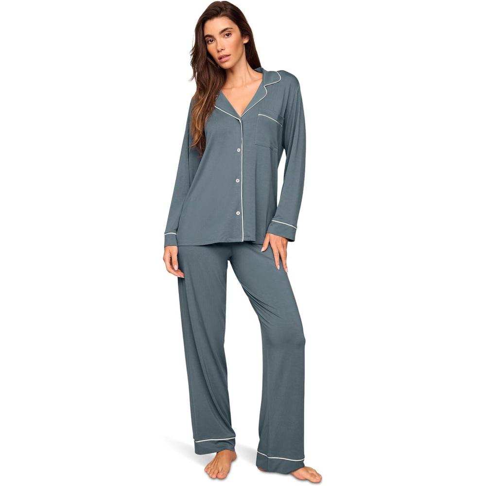 imageEberjey Gisele Classic Womens Pajama Set Long Sleeve Shirt Long PantsStone BlueIvory