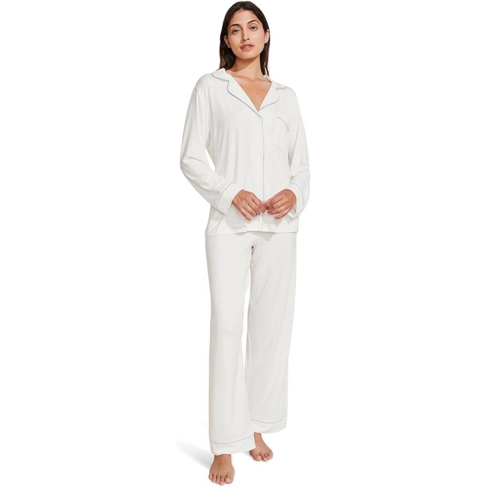 imageEberjey Gisele Classic Womens Pajama Set Long Sleeve Shirt Long PantsWhiteIce Blue