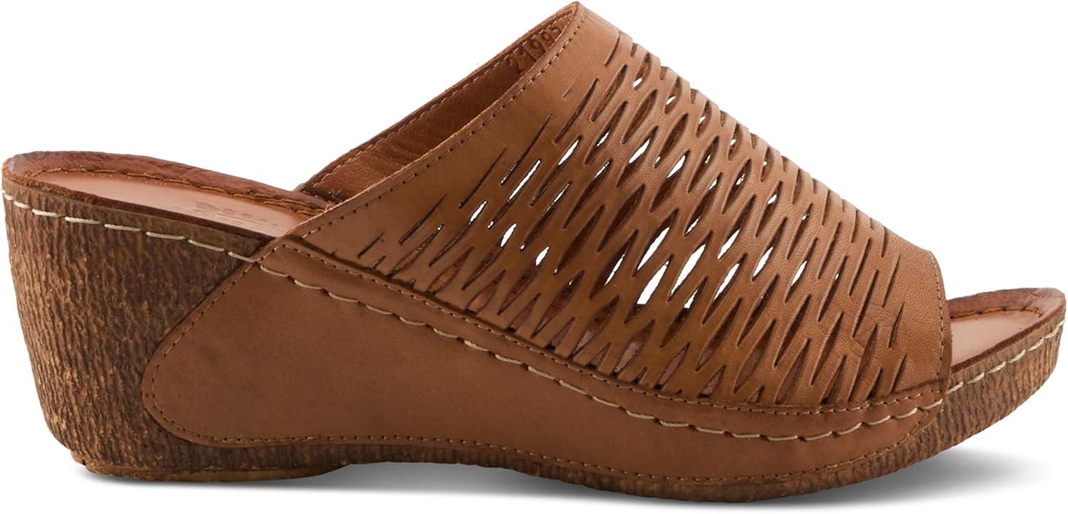 imageSpring Step Cunacena Womens Leather Slip On Wedge Sandal Low Heel Sandals for Women with Die Cut Lattice Stretch Upper Breathable LiningBrown