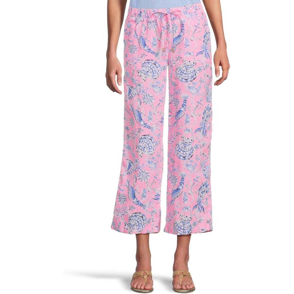 imageLilly Pulitzer Womens Brawley Linen Crop PantsRousseau Pink Barefoot Beachcombers