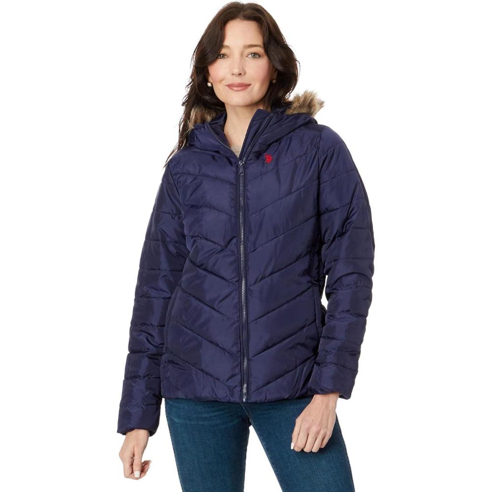 imageUS POLO ASSN Chevron Cozy Faux Fur Lining Quilted Puffer with Cozy Faux Fur HoodEvening Blue