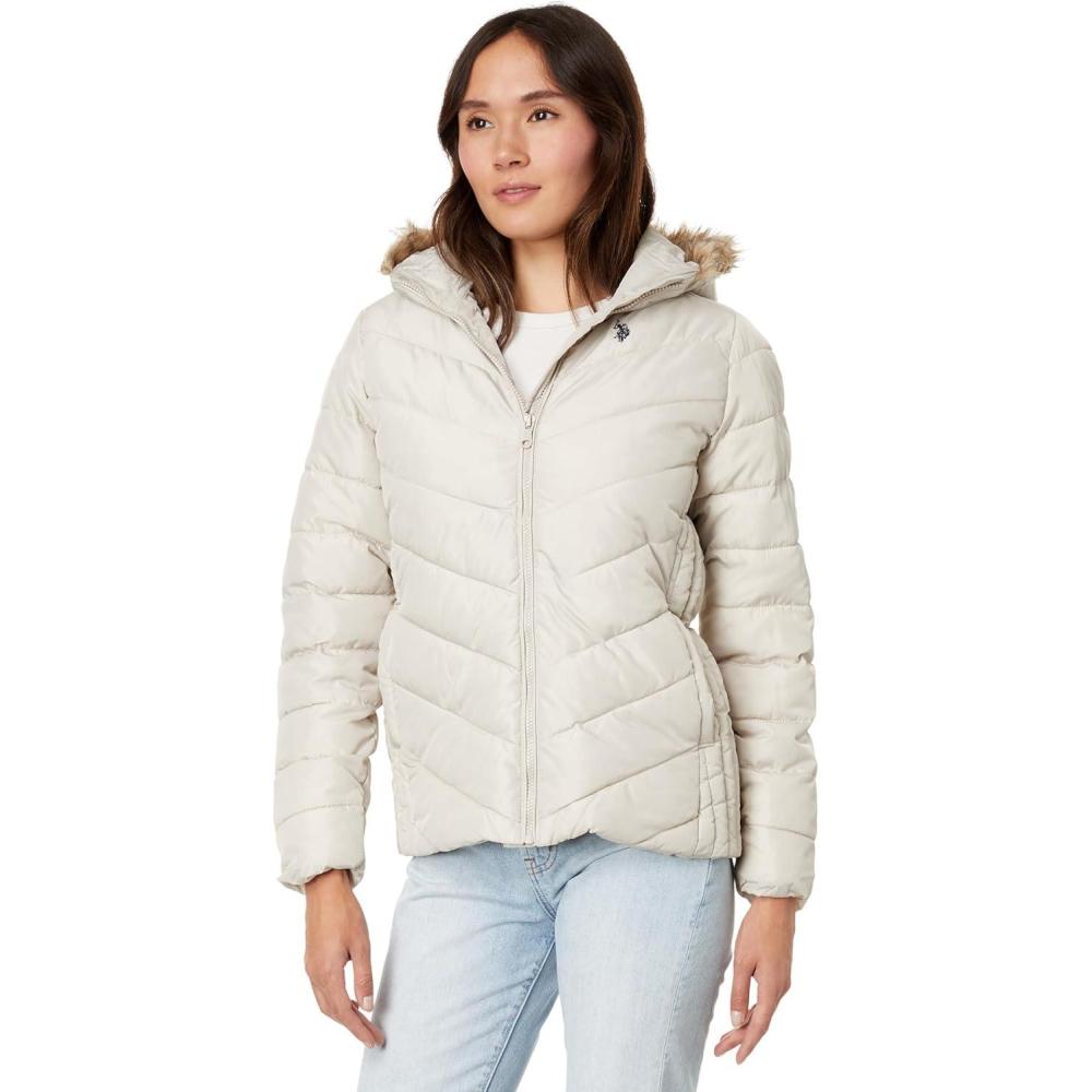 imageUS POLO ASSN Chevron Cozy Faux Fur Lining Quilted Puffer with Cozy Faux Fur HoodWinter Pearl