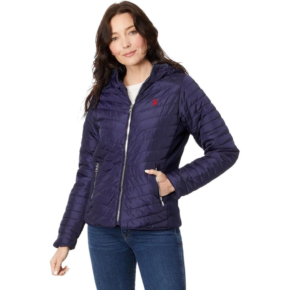 imageUS POLO ASSN Chevron Quilted Moto Hooded Jacket with Rib Trim And Cozy Faux Fur LiningEvening Blue