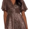 Betsy & Adam Long V-Neck Flutter Sleeve Dress(Black/Gold/Silver)