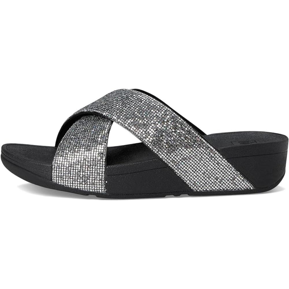 imageFitFlop Womens Lulu Glitterball Cross Slides Wedge SandalSilver