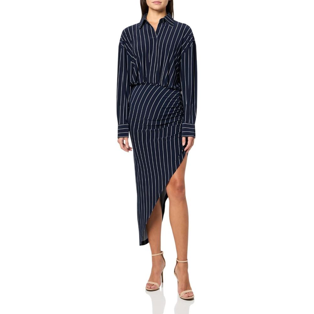imageNorma Kamali Womens Oversized Boyfriend Nk Shirt Side Drape GownTrue Navy Pinstripe
