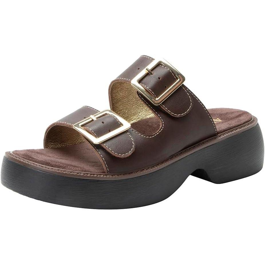 imageAlegria Women Iza Platform Buckle Leather Double Strap SlideChocolate