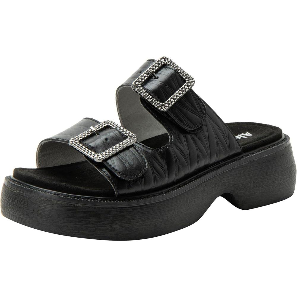 imageAlegria Women Iza Platform Buckle Leather Double Strap SlideFondly Black