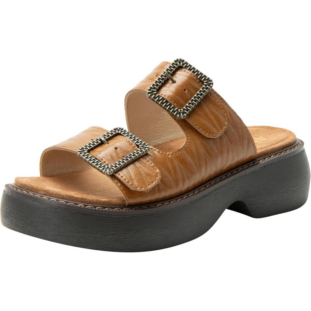 imageAlegria Women Iza Platform Buckle Leather Double Strap SlideFondly Cognac