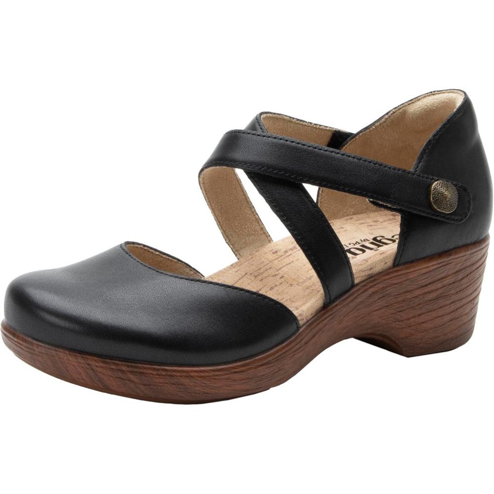imageAlegria Womens Savina Leather Wedge  Stylish and Versatile Mary Jane for Endless Support  Enhanced Arch Slip Resistant Platform Ankle Cross Strap Heel for ProfessionalsCoal