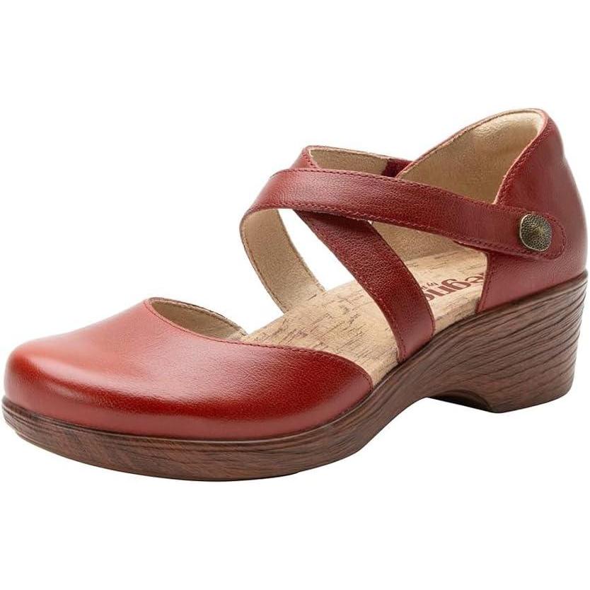 imageAlegria Womens Savina Leather Wedge  Stylish and Versatile Mary Jane for Endless Support  Enhanced Arch Slip Resistant Platform Ankle Cross Strap Heel for ProfessionalsRust