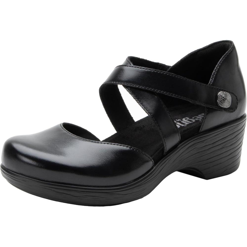 imageAlegria Womens Savina Leather Wedge  Stylish and Versatile Mary Jane for Endless Support  Enhanced Arch Slip Resistant Platform Ankle Cross Strap Heel for ProfessionalsNoir