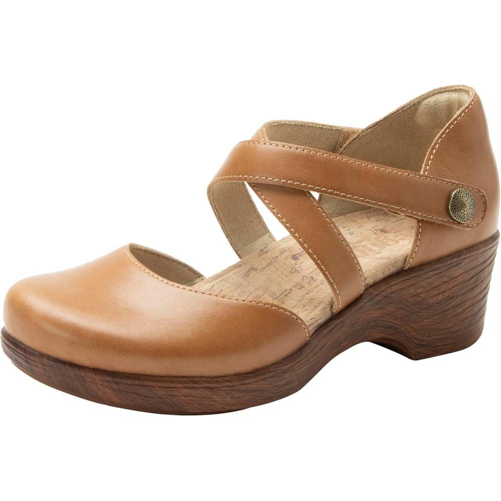 imageAlegria Womens Savina Leather Wedge  Stylish and Versatile Mary Jane for Endless Support  Enhanced Arch Slip Resistant Platform Ankle Cross Strap Heel for ProfessionalsLatte