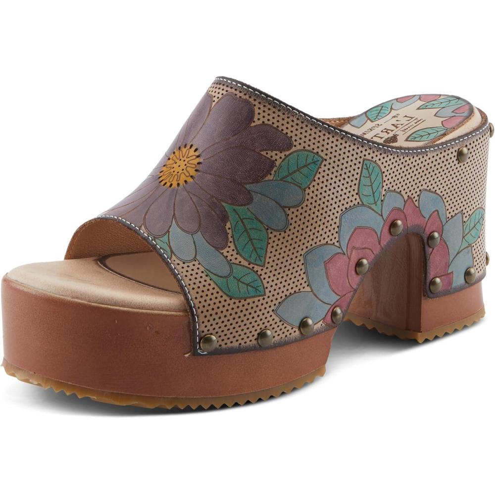 imageSpring Step Lartiste Teeshirt Womens Sandals  Handpainted Leather Slides Retro Floral Design Cushioned Footbed SlipOnBeige Multi