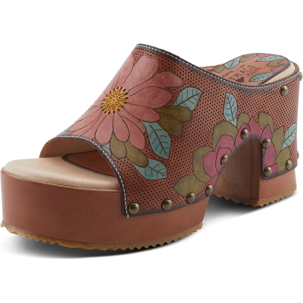 imageSpring Step Lartiste Teeshirt Womens Sandals  Handpainted Leather Slides Retro Floral Design Cushioned Footbed SlipOnBrown Multi