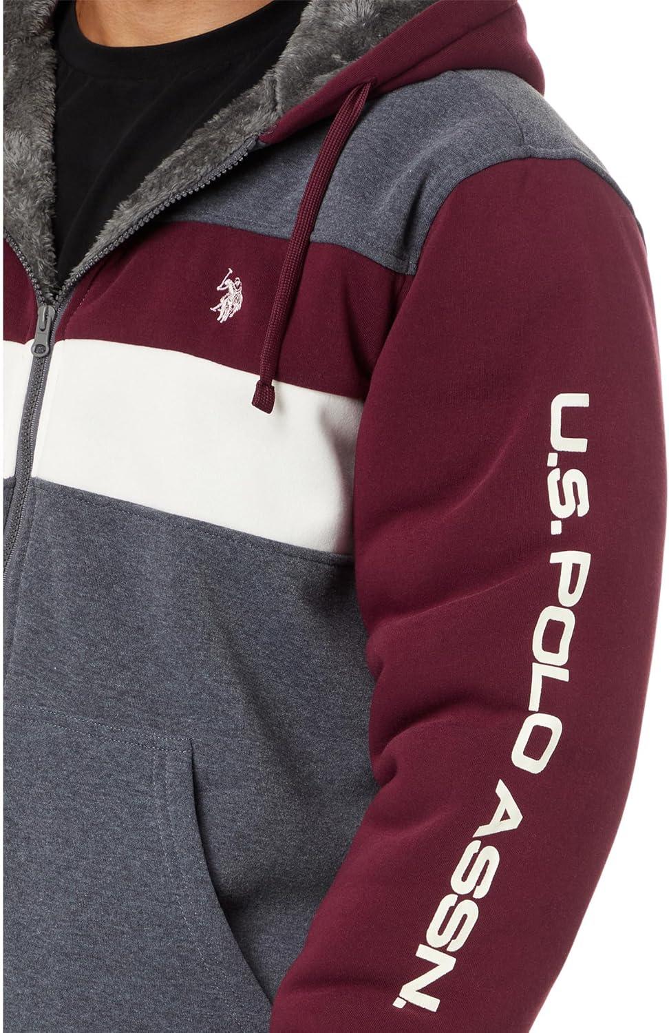 imageUS Polo Assn Mens USPA Tri ColorBlock 2 Stripe Sherpa Hoodie Dark Heather Grey Large