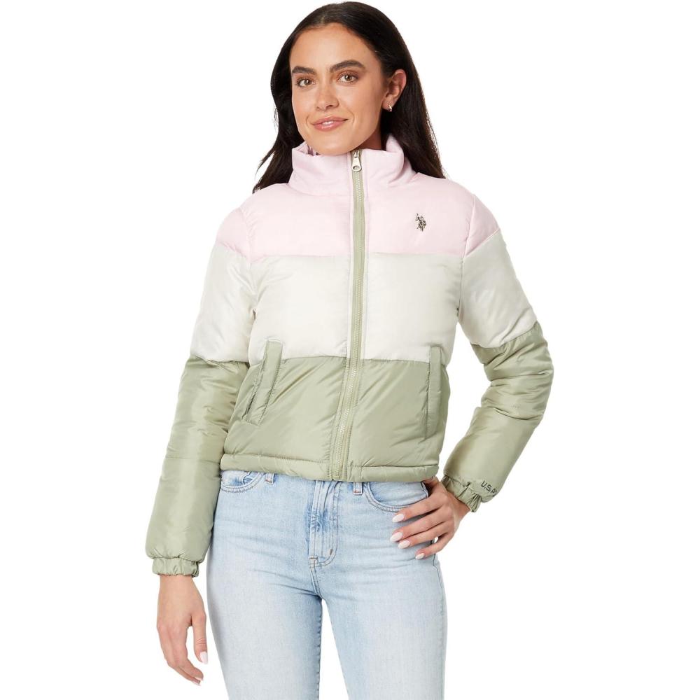 imageUS POLO ASSN Crop Multi ColorBlocked Puffer JacketParfait Pink
