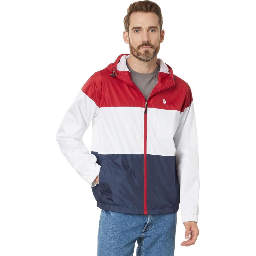 imageUS POLO ASSN Mens USPA ColorBlock Hooded WindbreakerEngine Red