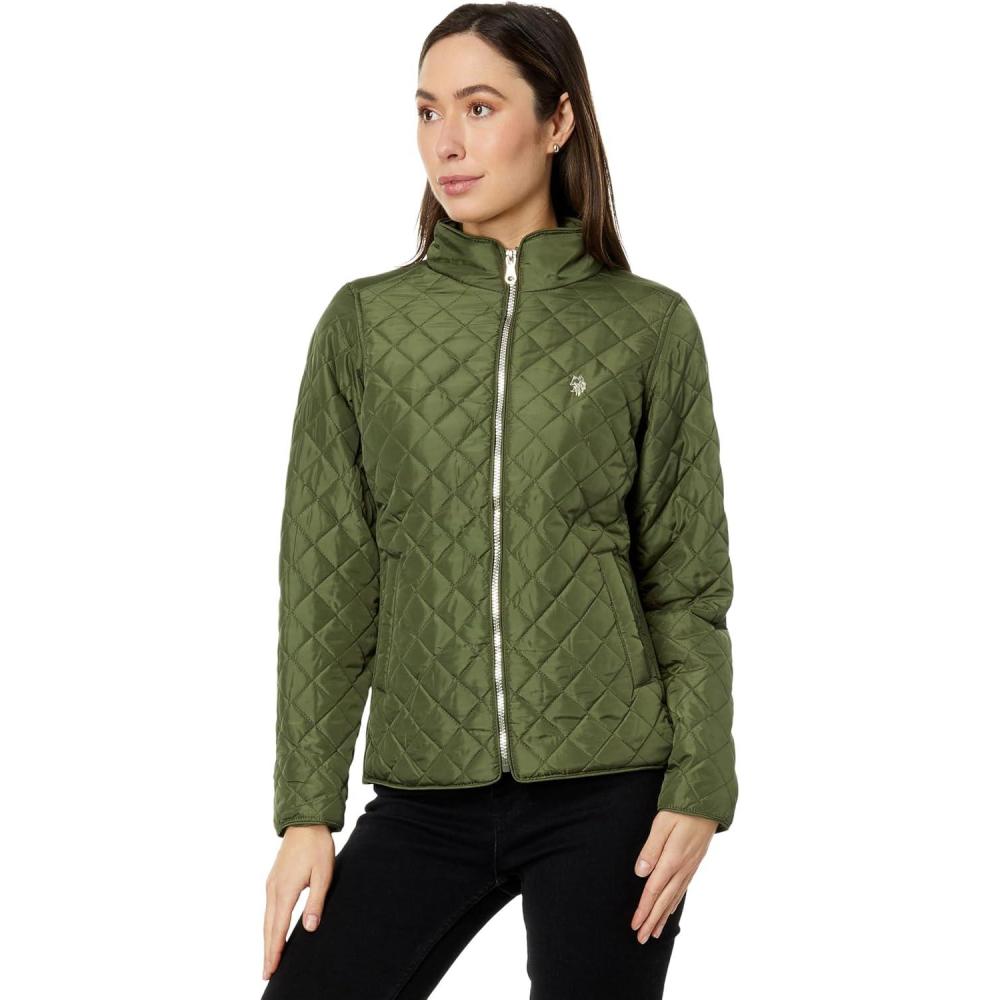 imageUS POLO ASSN Quilted Moto Jacket with Cozy Faux Fur Lining And Rib TrimCypress Olive