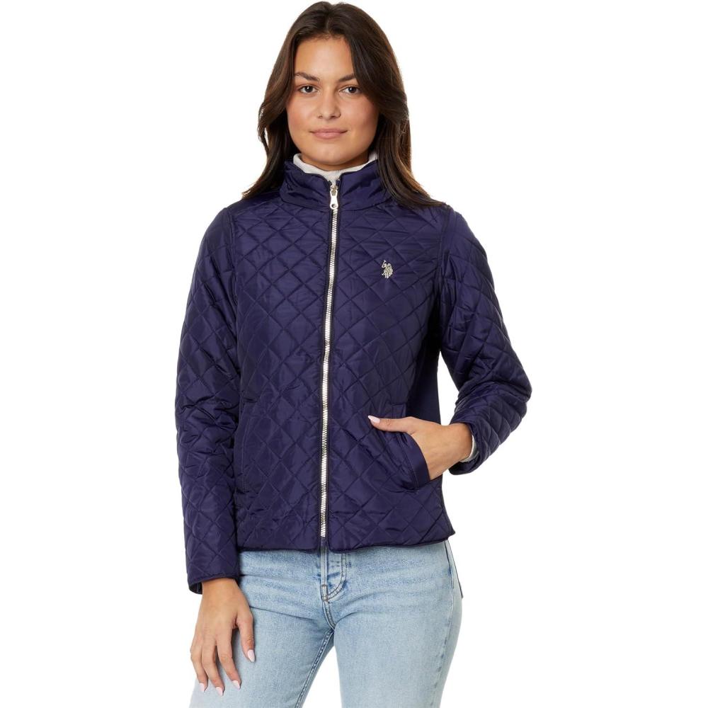 imageUS POLO ASSN Quilted Moto Jacket with Cozy Faux Fur Lining And Rib TrimEvening Blue