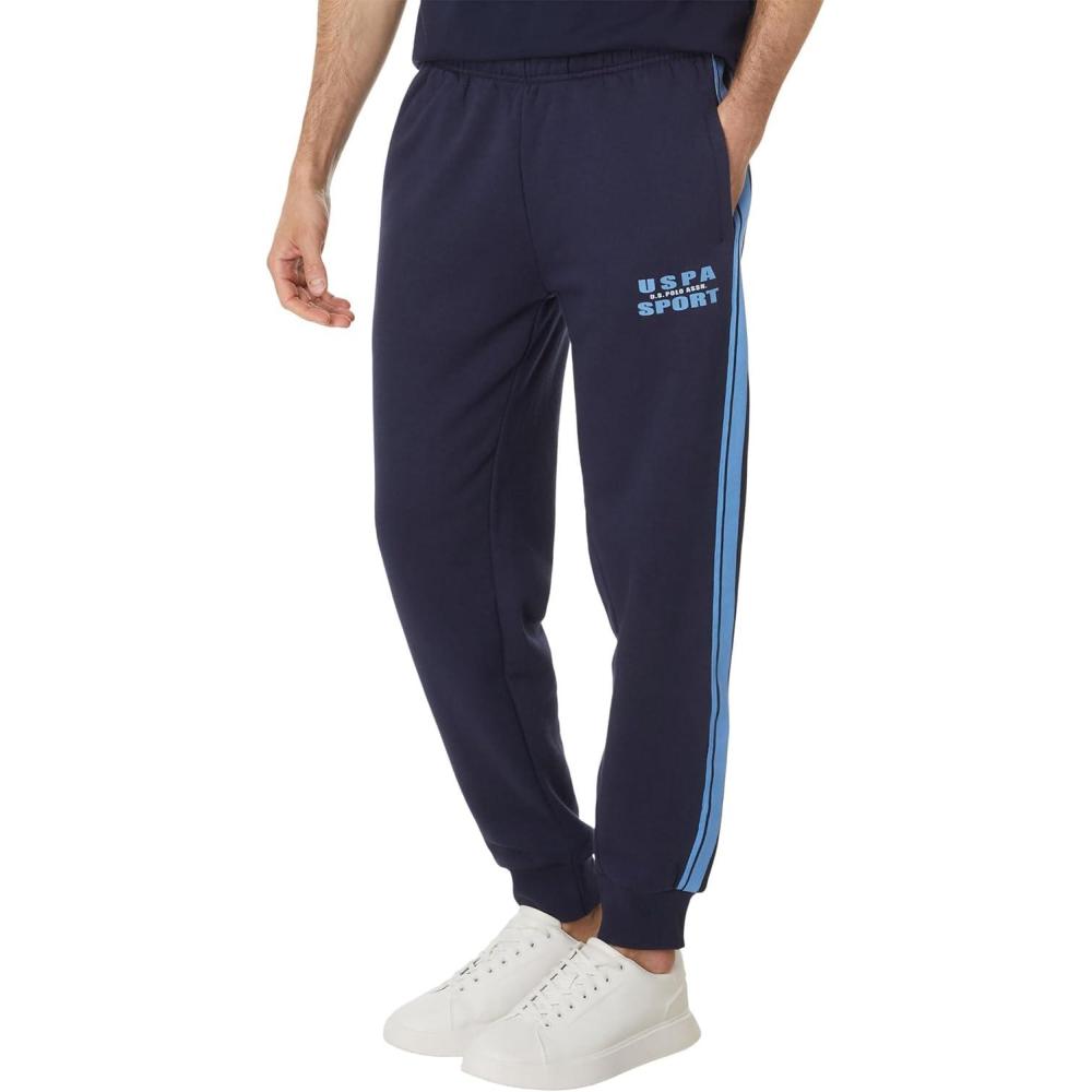 imageUS Polo Assn Mens Fleece Knit Jogger Track Pants WSide Stripe Tricot TapeClassic Navy