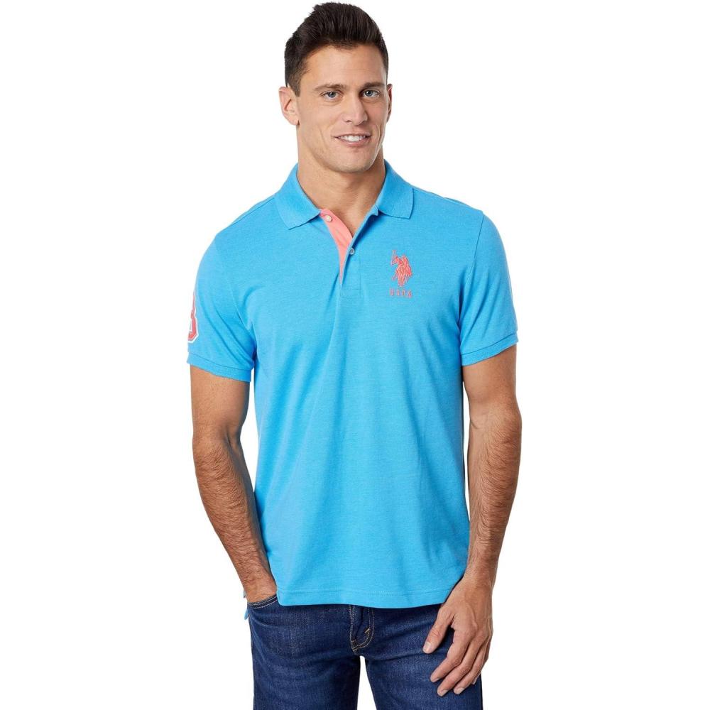 imageUS Polo Assn Mens ShortSleeve Polo Shirt with Applique Casual Summer Slim Fit Polo Shirt with Contrast ColorBlue Fin Heather