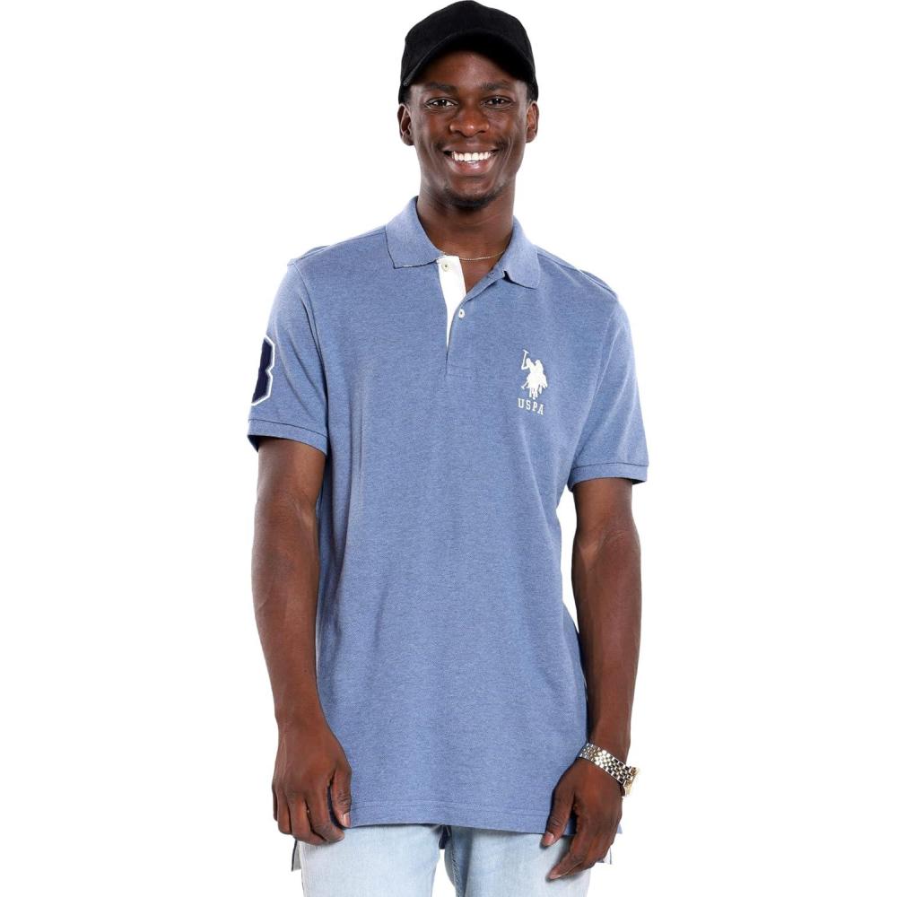 imageUS Polo Assn Mens ShortSleeve Polo Shirt with Applique Casual Summer Slim Fit Polo Shirt with Contrast ColorCadet Blue Heather