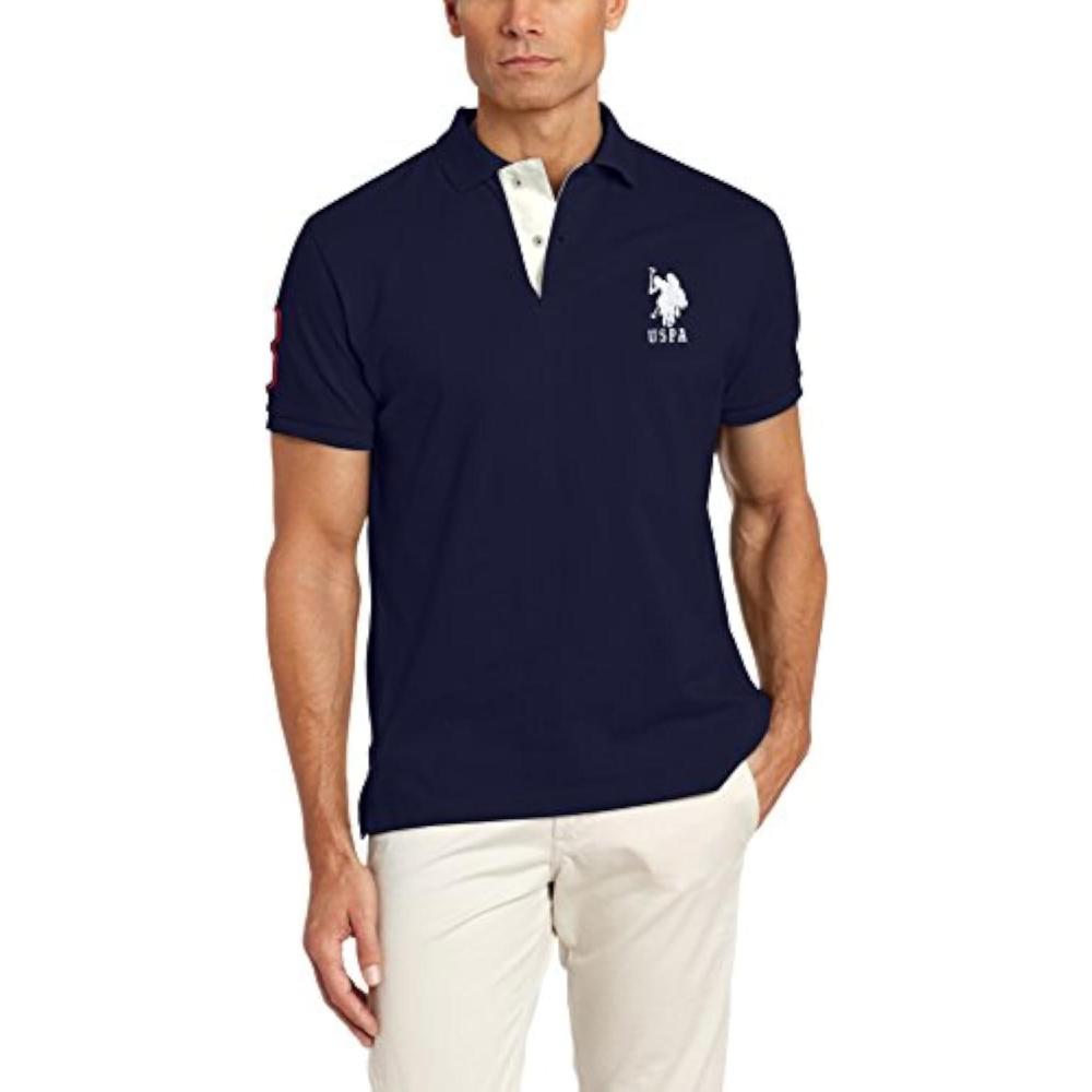 imageUS Polo Assn Mens ShortSleeve Polo Shirt with Applique Casual Summer Slim Fit Polo Shirt with Contrast ColorClassic NavyWhite