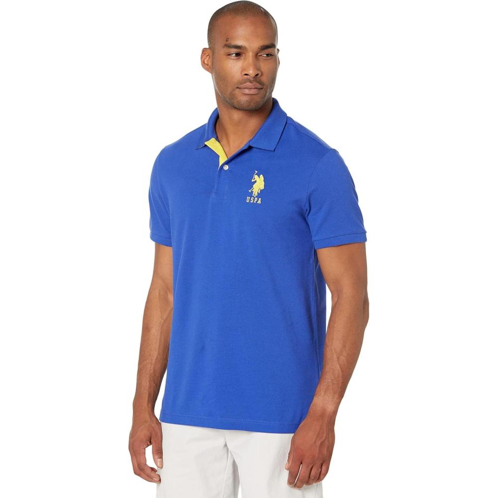 imageUS Polo Assn Mens ShortSleeve Polo Shirt with Applique Casual Summer Slim Fit Polo Shirt with Contrast ColorCobalt BlueYellow