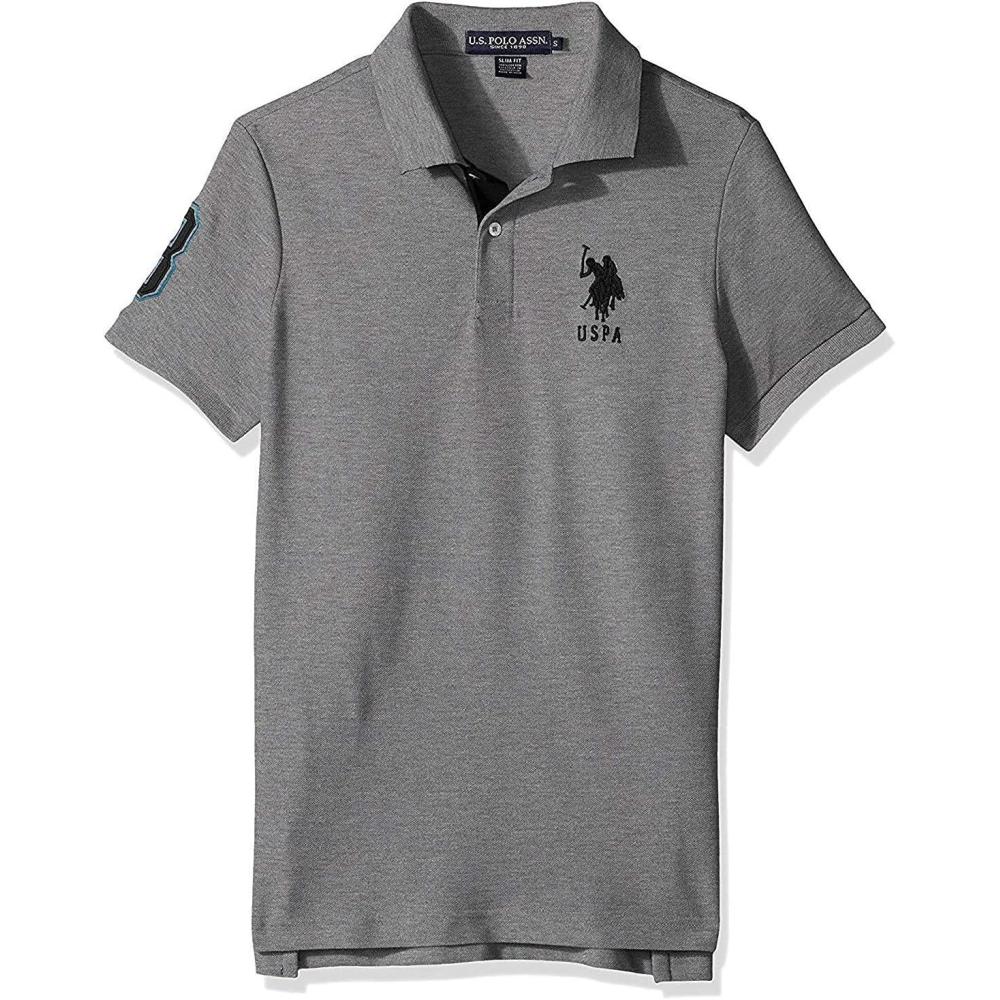 imageUS Polo Assn Mens ShortSleeve Polo Shirt with Applique Casual Summer Slim Fit Polo Shirt with Contrast ColorHeather GreyBlack