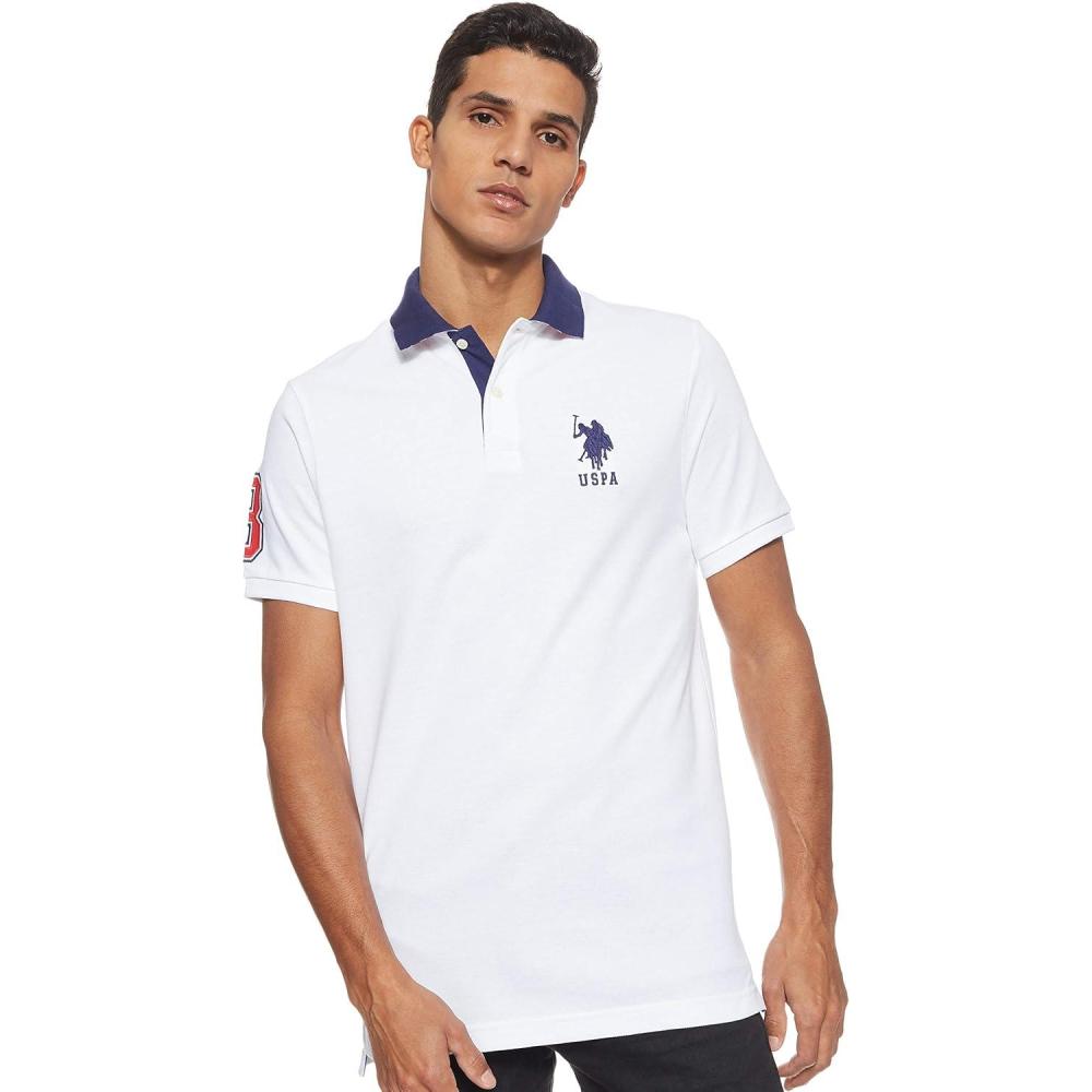 imageUS Polo Assn Mens ShortSleeve Polo Shirt with Applique Casual Summer Slim Fit Polo Shirt with Contrast ColorWhiteDodger Blue