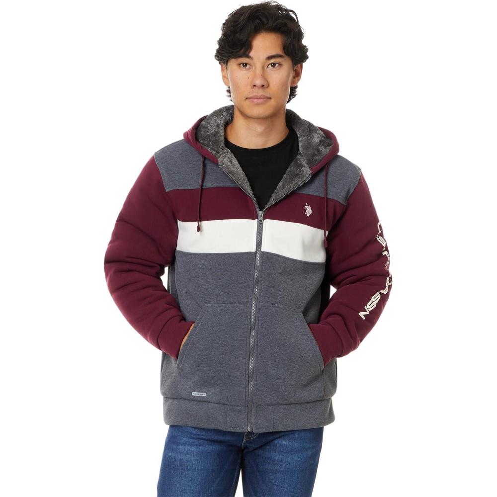 imageUS Polo Assn Mens USPA Tri ColorBlock 2 Stripe Sherpa Hoodie Dark Heather Grey Large