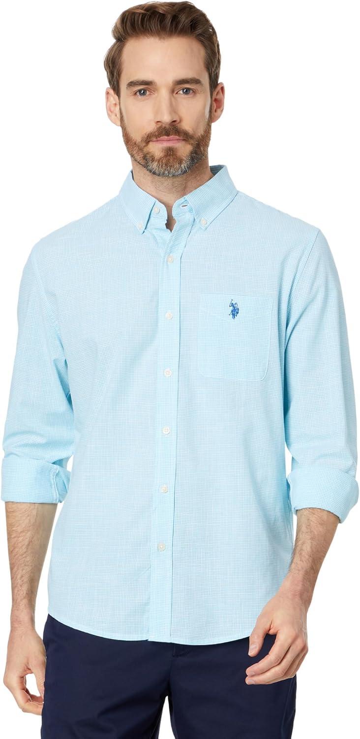 imageUS Polo Assn Mens Long Sleeve Classic Fit 1 Pocket Gingham Cotton Stretch Yarn Dye Slub Poplin Woven ShirtHorizon Blue