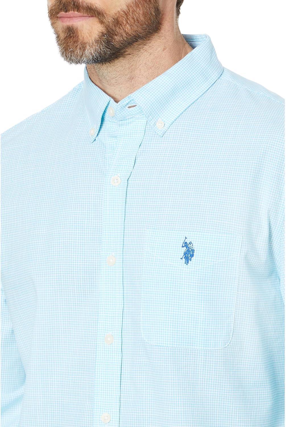 imageUS Polo Assn Mens Long Sleeve Classic Fit 1 Pocket Gingham Cotton Stretch Yarn Dye Slub Poplin Woven ShirtHorizon Blue