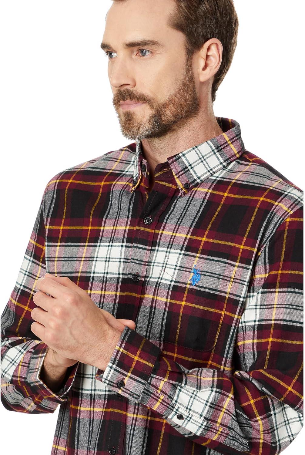 imageUS Polo Assn Mens Long Sleeve Classic Fit 1 Pocket Gingham Cotton Stretch Yarn Dye Slub Poplin Woven ShirtMaroon Banner