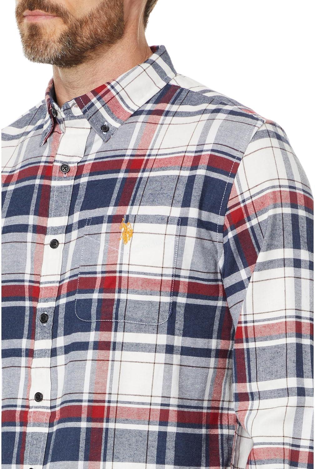 imageUS Polo Assn Mens Long Sleeve Classic Fit 1 Pocket Yarn Dye Stretch Peached Twill Heathered RWB Plaid Woven ShirtDark Night Heather