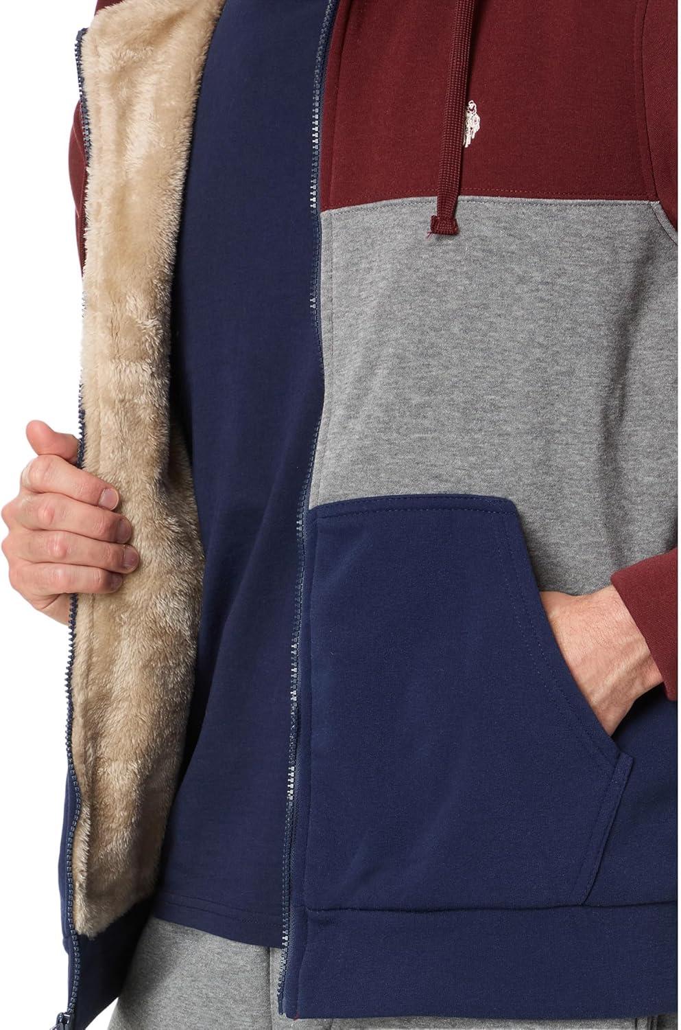 imageUS Polo Assn Mens USPA ColorBlock Full Zip Sherpa HoodieSeagrams Burgandy