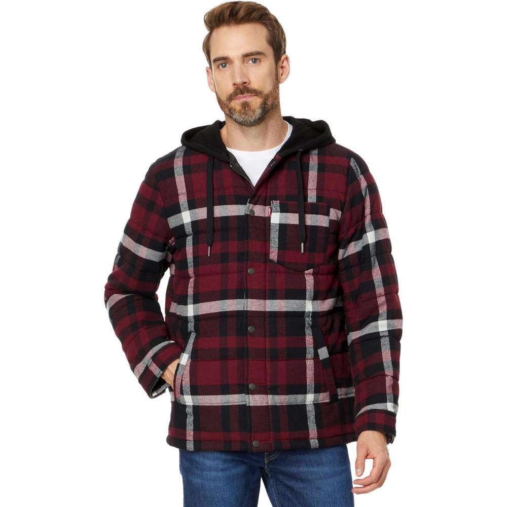 imageLevis Mens Sherpa Lined Hooded Shirt Jacket Burgundy Plaid Puffer Large