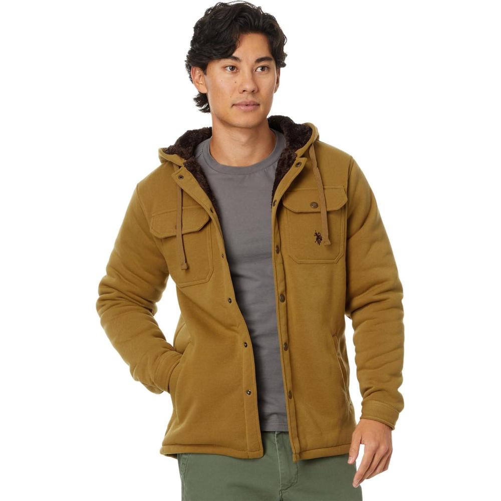 imageUS POLO ASSN Mens USPA Fleece Shirt Jacket Sherpa HoodieCoyote Brown