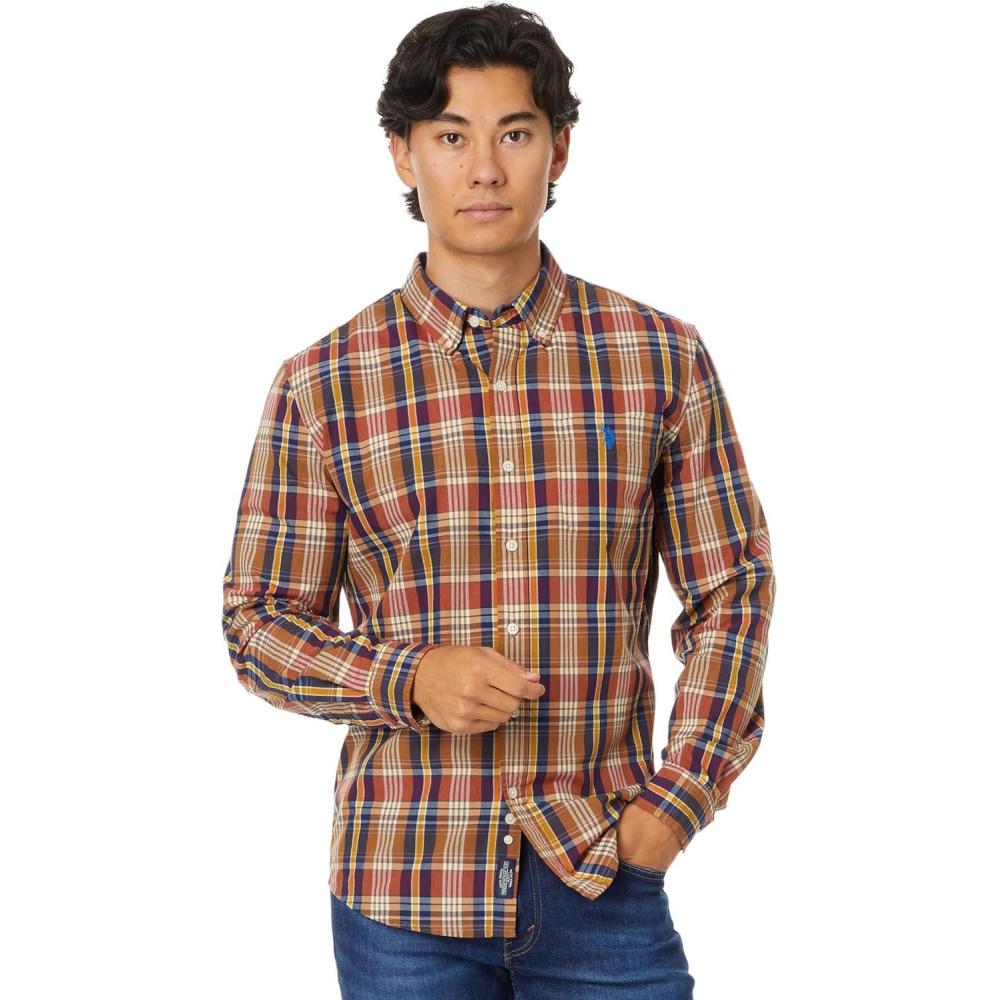 imageUS Polo ASSN Mens Long Sleeve Classic Fit 1 Pocket Yarn Dye Poplin Large Plaid Multicolor Woven ShirtButterscotch